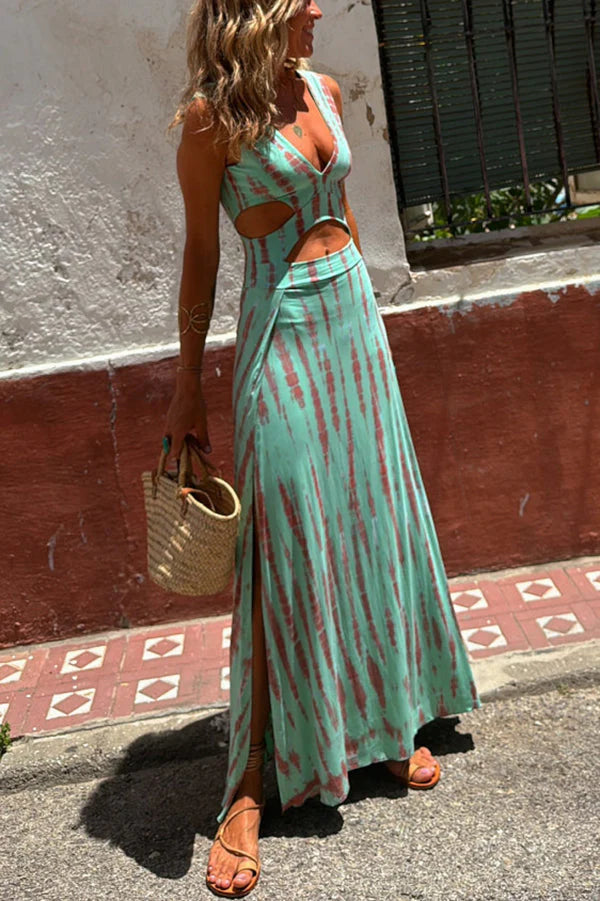 Tie-dye stretch dress with cutout and slit