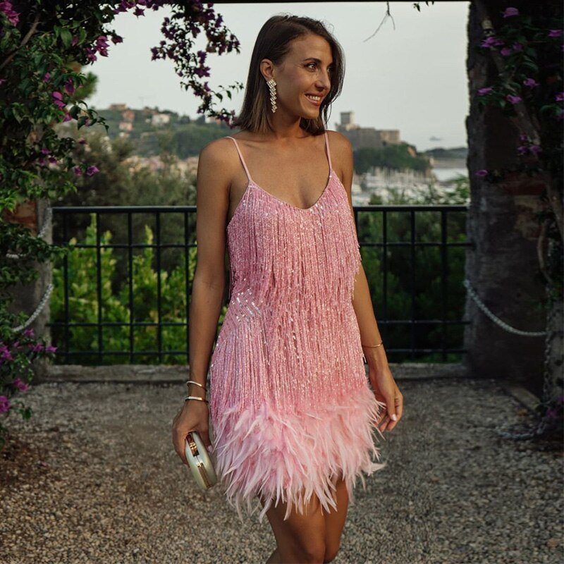 Glitter Feather Party Mini Dress