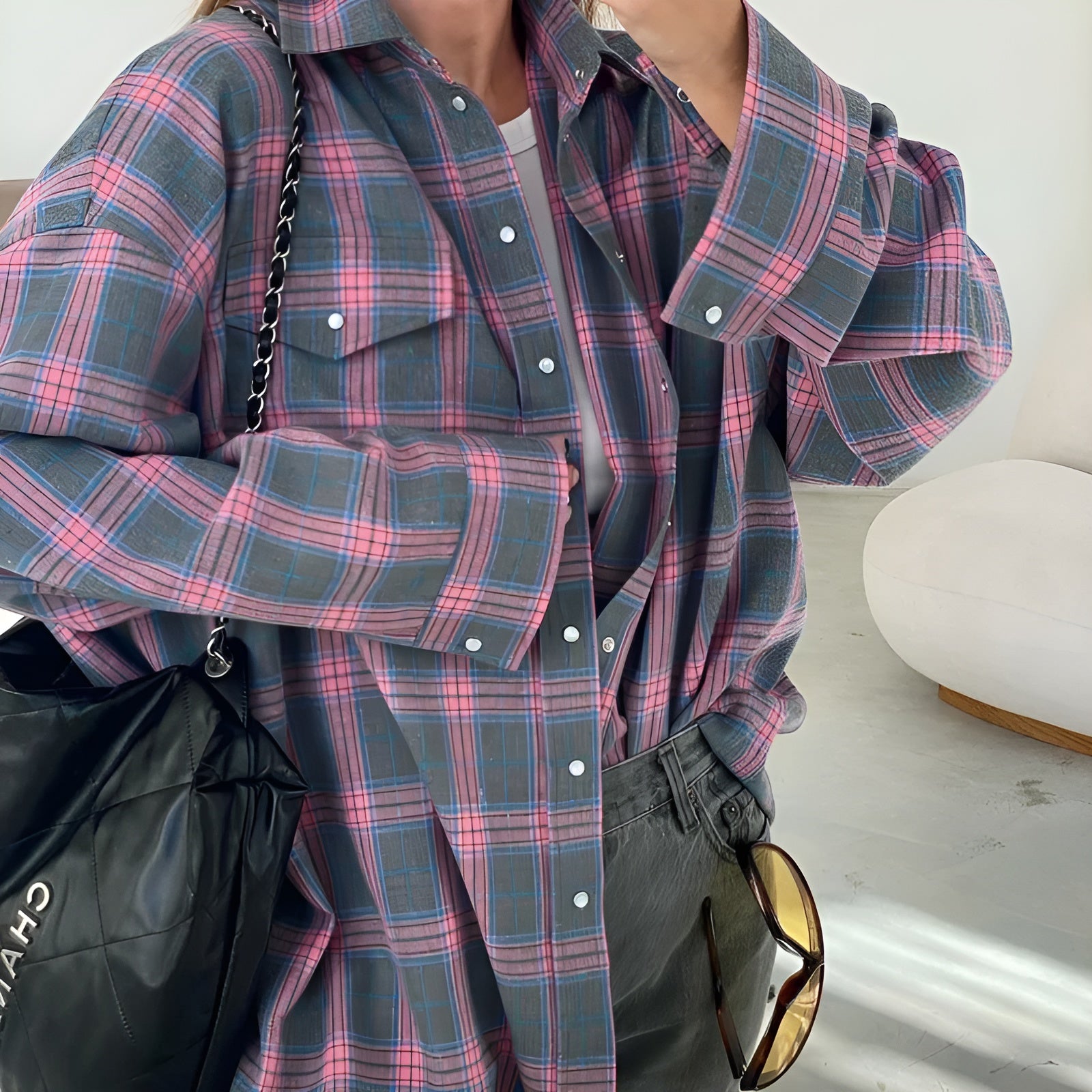 Oversized plaid check blouse