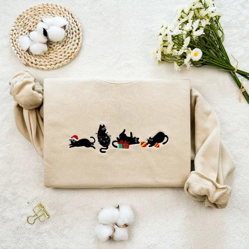 Christmas cats embroidered jumper