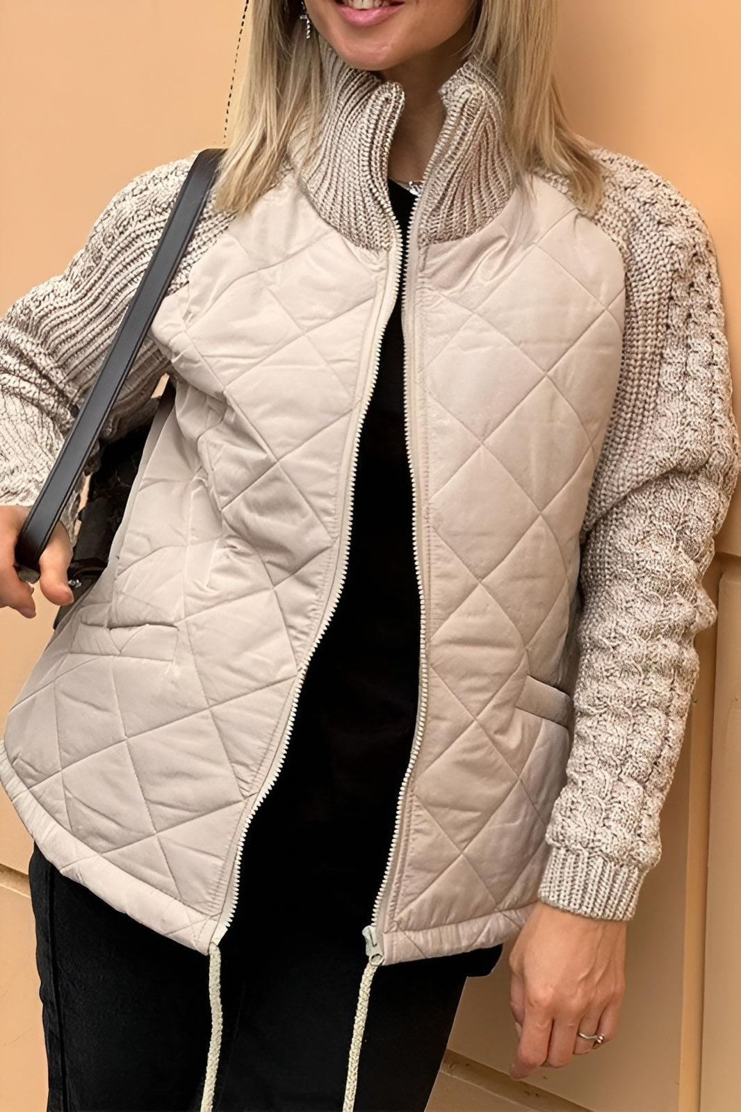 Casual Solid Knit Patchwork Zip Jacket